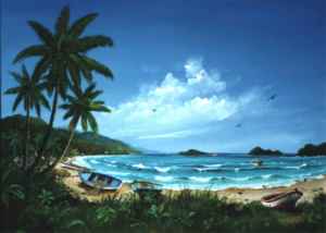Plage antillaise avec des bateaux de pèche